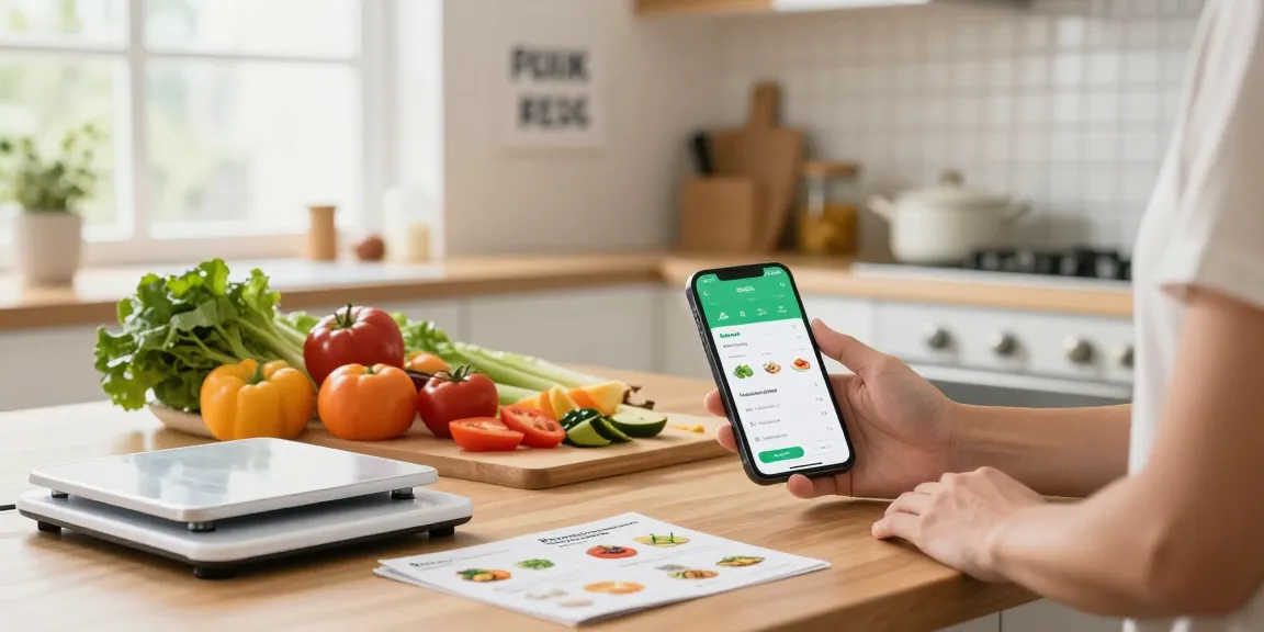 Engaging kitchen prep scene illustrating the use of the best calorie tracking apps for healthy meal planning.