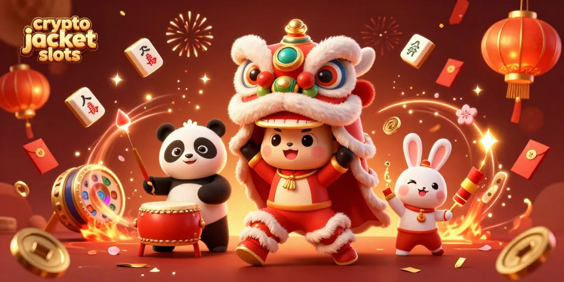 Experience thrilling crypto jackpot slots in a festive scene with dancing characters and gaming elements.
