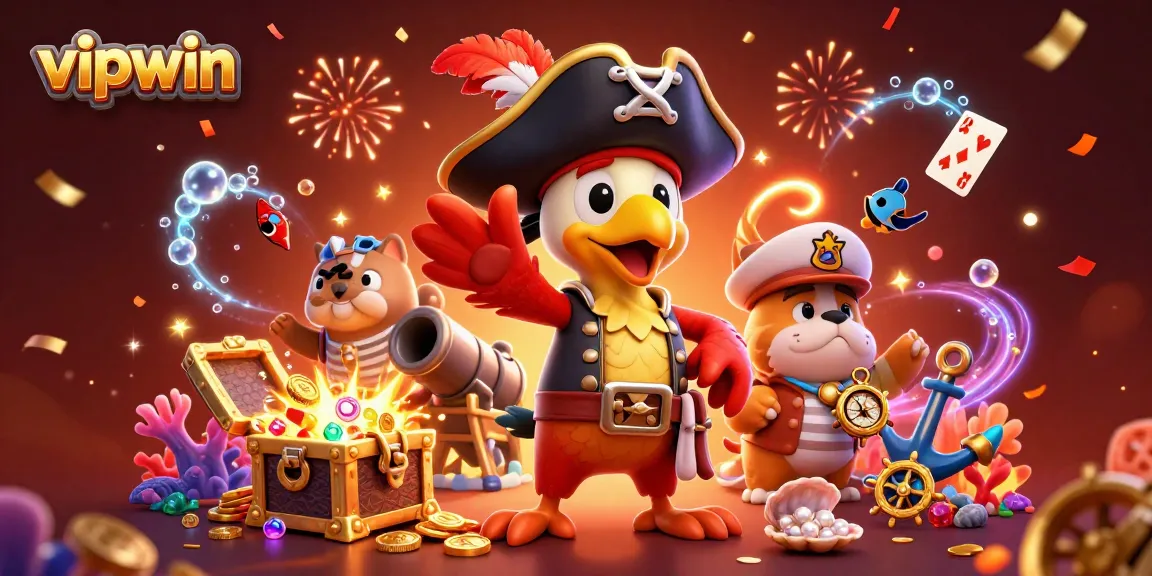 Experience adventures at vipwin with a lively pirate scene, surrounded by gold and casino elements.
