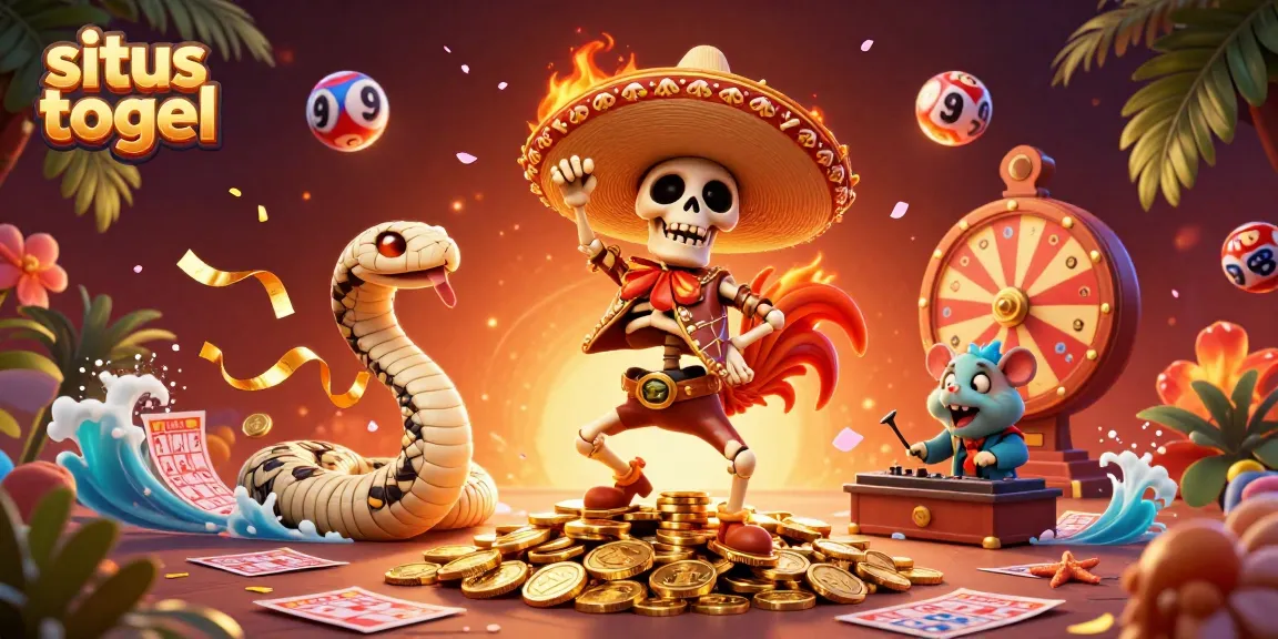 Engage in situs togel excitement with lively cartoon characters celebrating on gold coins and lottery elements.
