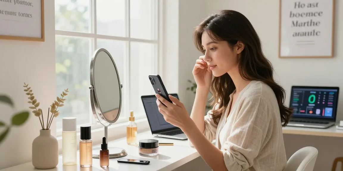 Portrait of a woman taking a test of attractiveness with beauty app in studio.
