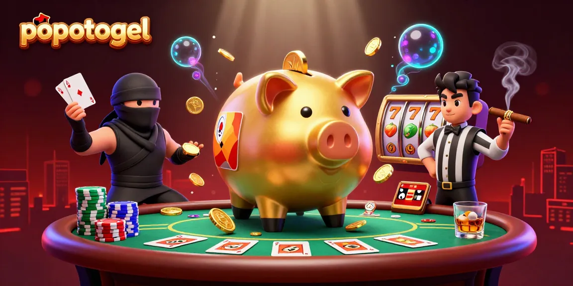 Watch the popotogel action unfold with the golden piggy bank wrestler making a winning stomp in this lively casino scene.