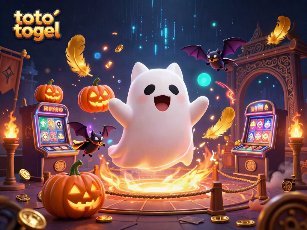 Toto togel ghost cat spins through a haunted casino, illuminating the night with winning vibes and glowing jack-o-lanterns.