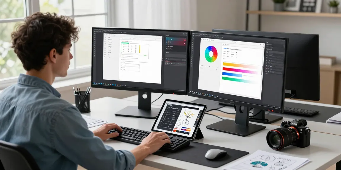 Efficient workspace showcasing Snipaste官网 in action, with a developer using dual monitors and design tools.