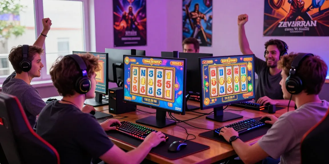 Engaged player enjoying situs slot gacor on a colorful gaming monitor with cheerful atmosphere.