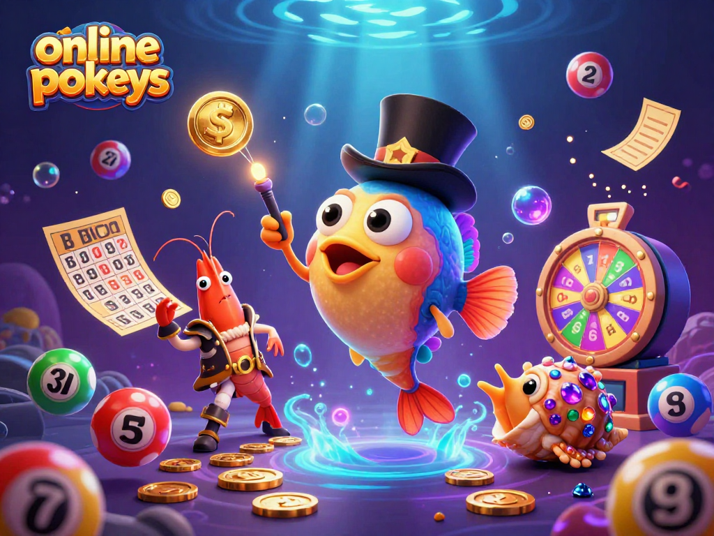 Win big with online pokies as an anglerfish attracts golden coins while underwater elements create a vibrant play scene.