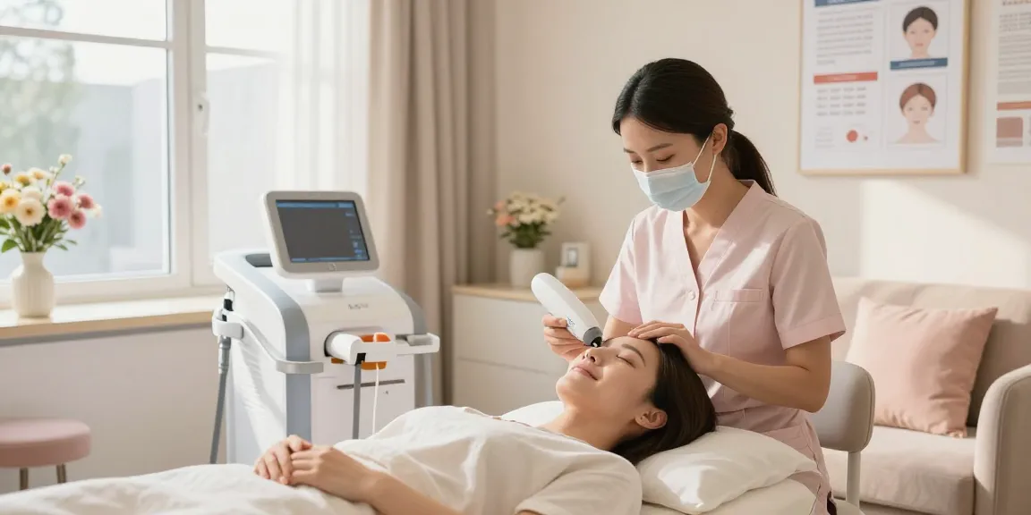 現代的なクリニックで、快適な雰囲気と先進的な機器を使用したVIO脱毛+クリニック治療のためのクライアント相談。