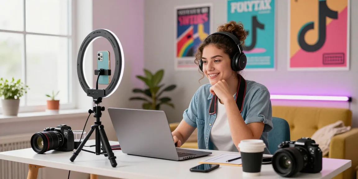 Creating engaging TikTok content while learning to order affordable TikTok views in a cozy studio.