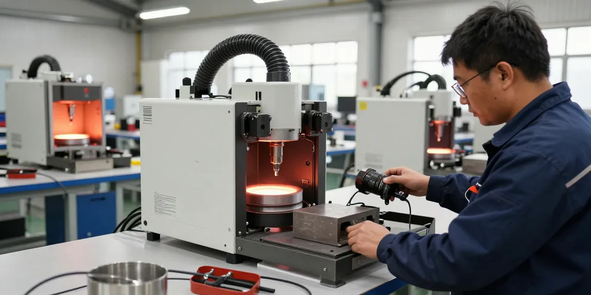 Technician using an induction heater for precise metal heating in a clean industrial workshop.
