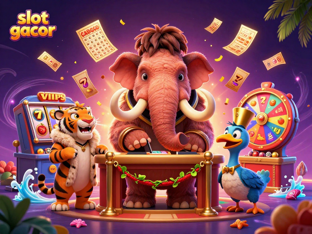 Mainkan slot gacor dengan bouncer mamut dan tamu VIP di ilustrasi kasino yang megah.