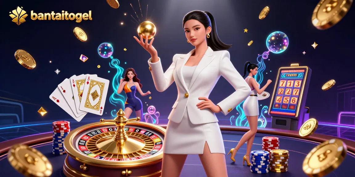 Engage with bantaitogel's thrilling slot experience amidst golden coins and vibrant casino elements.