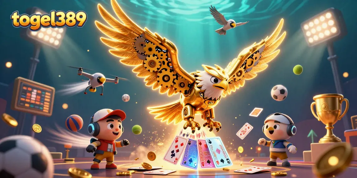 Togel389 showcases a golden eagle amid dynamic sports betting elements, symbolizing thrilling online gambling experiences.