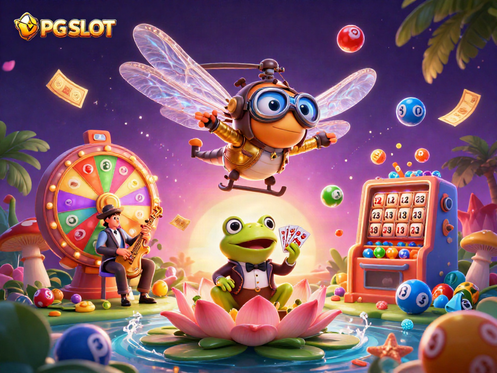 Experience PG SLOT excitement with a lively casino scene featuring vibrant characters and dynamic game elements.