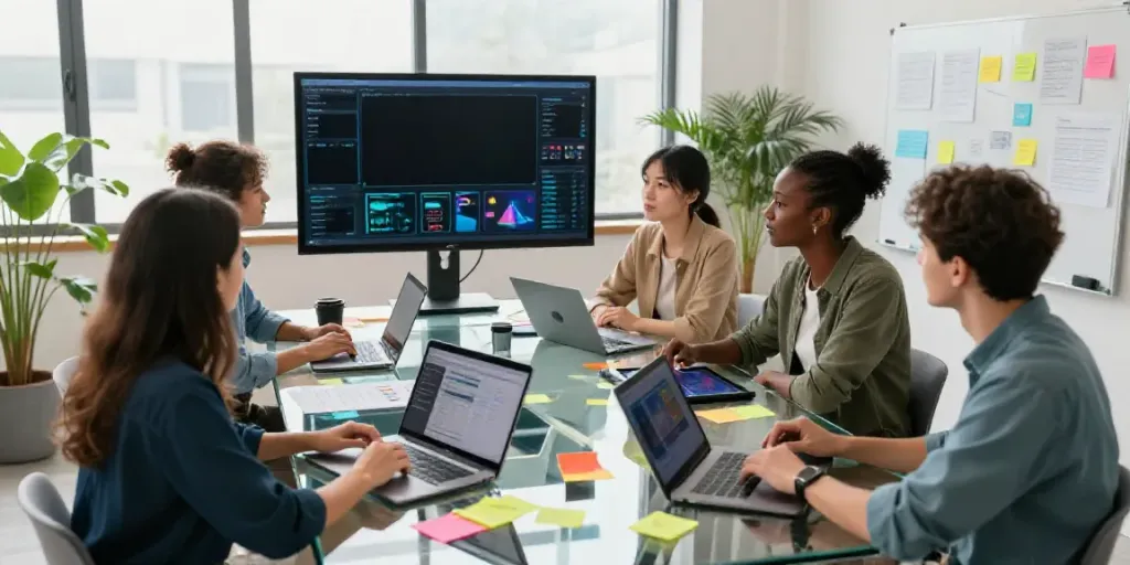 Team collaborating on artificial intelligence content creation in a bright studio.