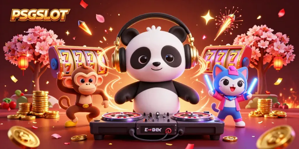 Permainan menarik di PSGSLOT dengan karakter DJ panda dan berbagai elemen slot berkilau.