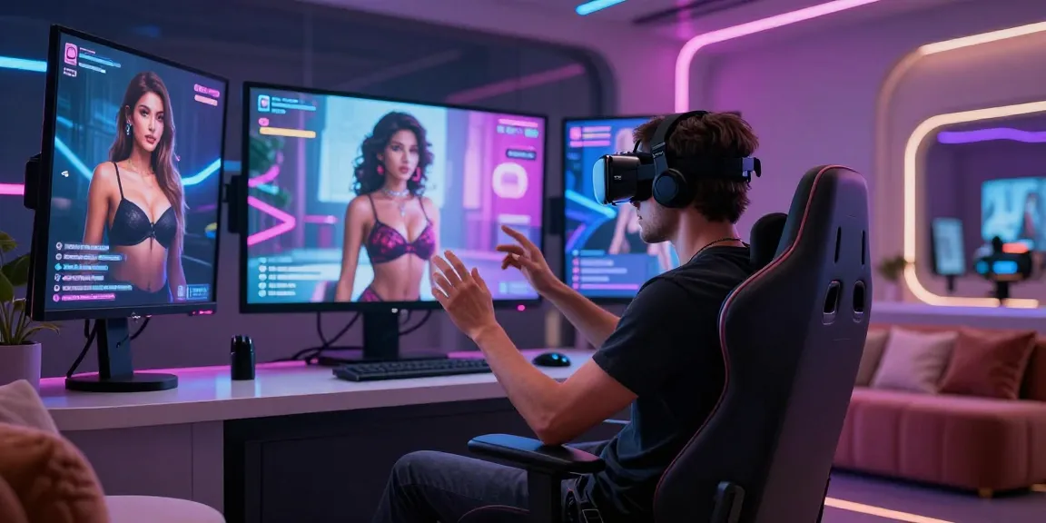 Immersive AI NSFW interaction in a futuristic lounge with dynamic characters.