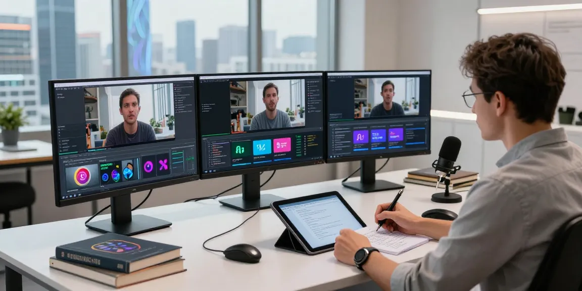 video to prompt generation analysis in a tech workspace with multiple monitors and a dynamic city skyline