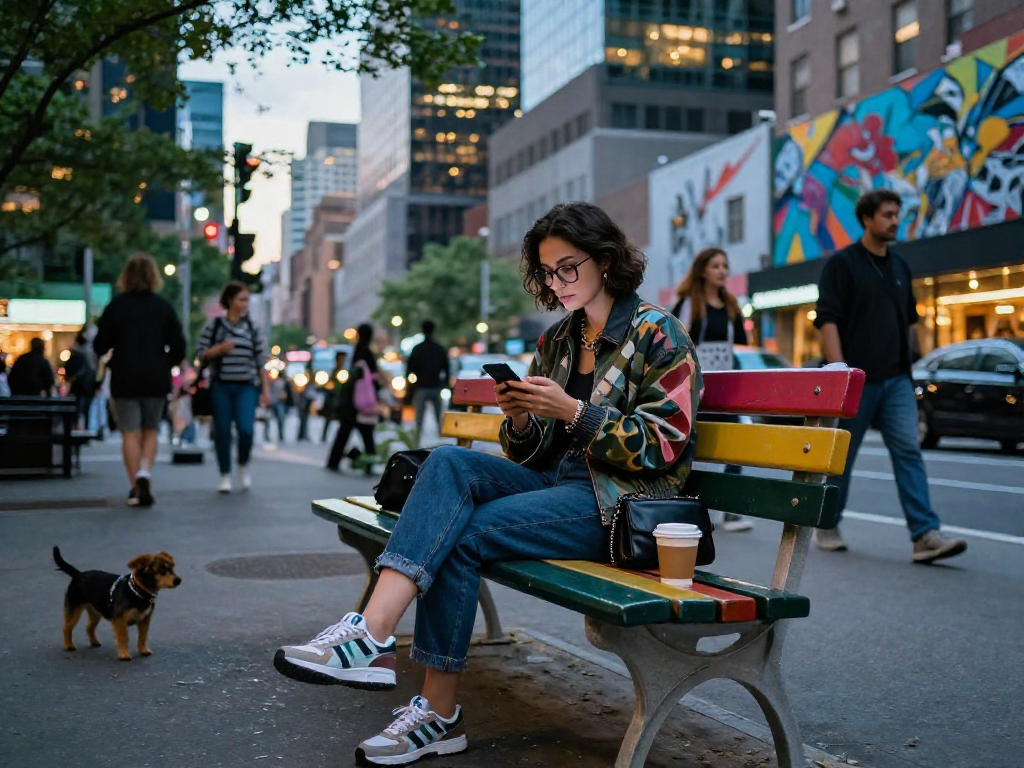 ai sluts showcased in vibrant urban lifestyle scene with a fashionable woman, coffee, and street art