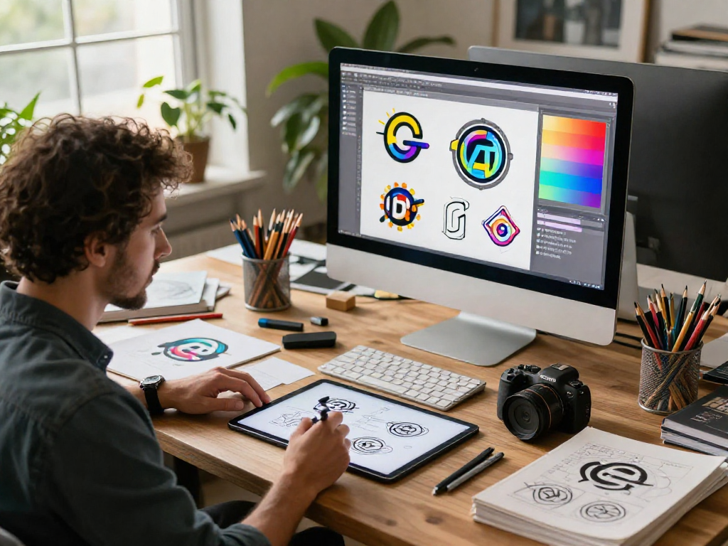 Projektowanie logo firmy w nowoczesnym studiu graficznym z projektantem przy biurku