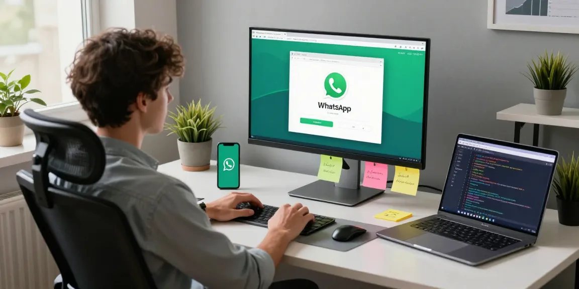 Professional using WhatsApp網頁版 on a sleek desktop, showcasing productivity with tech gadgets and natural light.