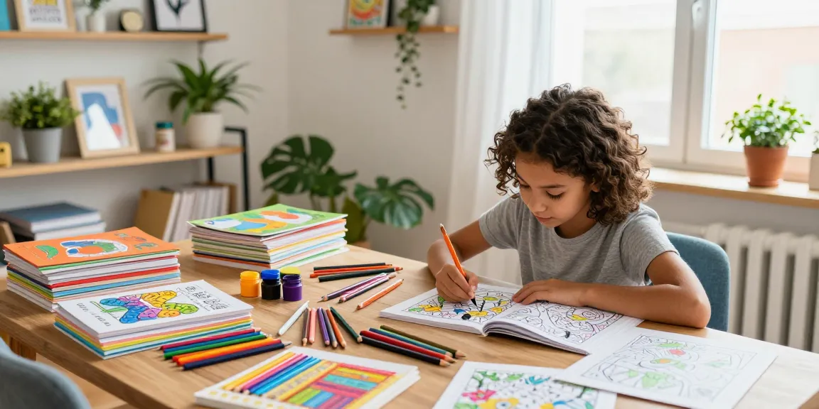 Artist engrossed in coloring books with vibrant pencils in a cozy art studio.