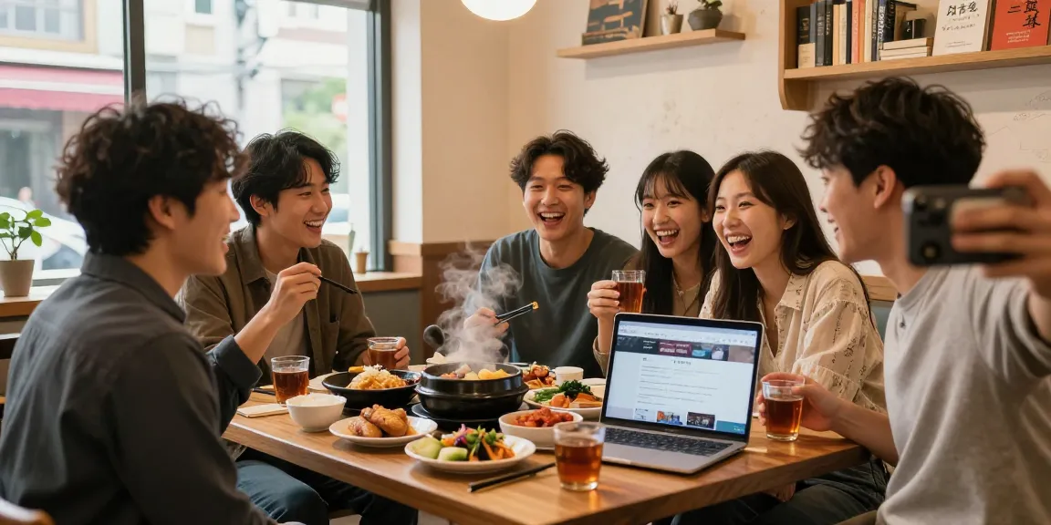 Engaging moment at https://hanadultalk.com where friends connect over Asian cuisine and culture in a cozy café.
