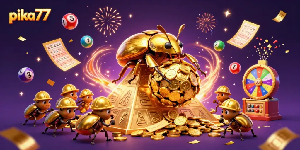 Pika77 offers exciting wins with vibrant lottery balls and golden prizes cascading in a lively casino scene.