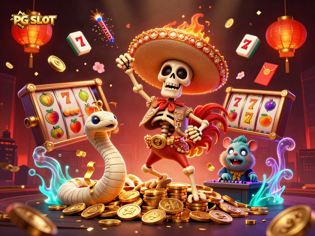 Engaging PG SLOT illustration with lively casino characters dancing on coins, symbolizing gaming excitement.