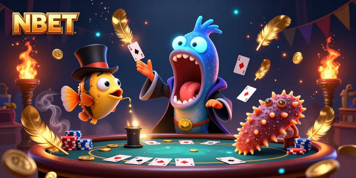 Engage in thrilling poker action with NBET's vibrant 3D casino illustration featuring dynamic characters and rich game elements.