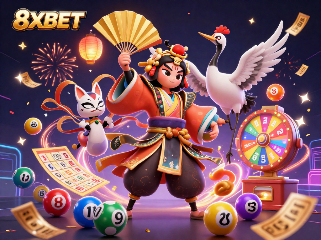 Spin colorful lottery balls and prizes in the dynamic 8XBET casino illustration.