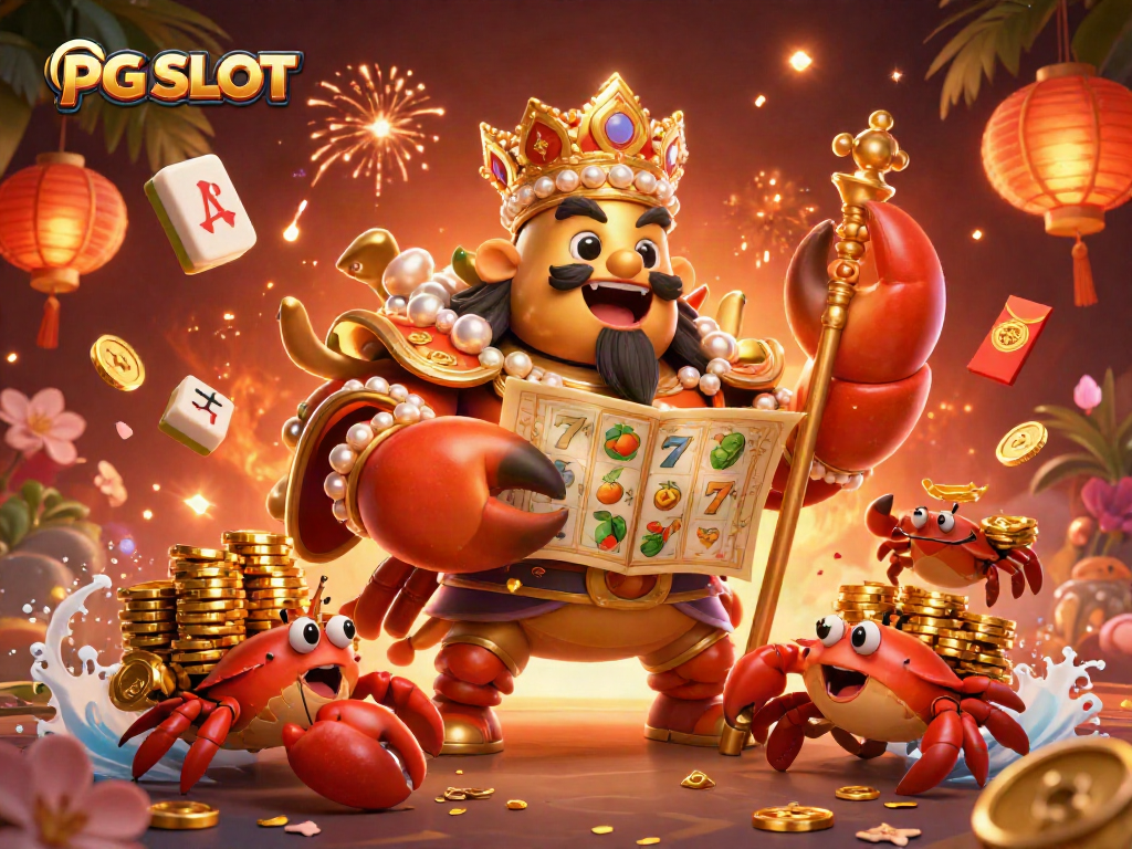 Spin the PG SLOT reels with a golden crab emperor and treasure-filled scene.