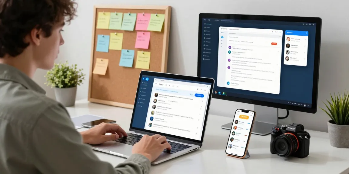 Engaged professional using telegram chinese alternative app in a sleek office setup, showcasing modern technology and productivity.