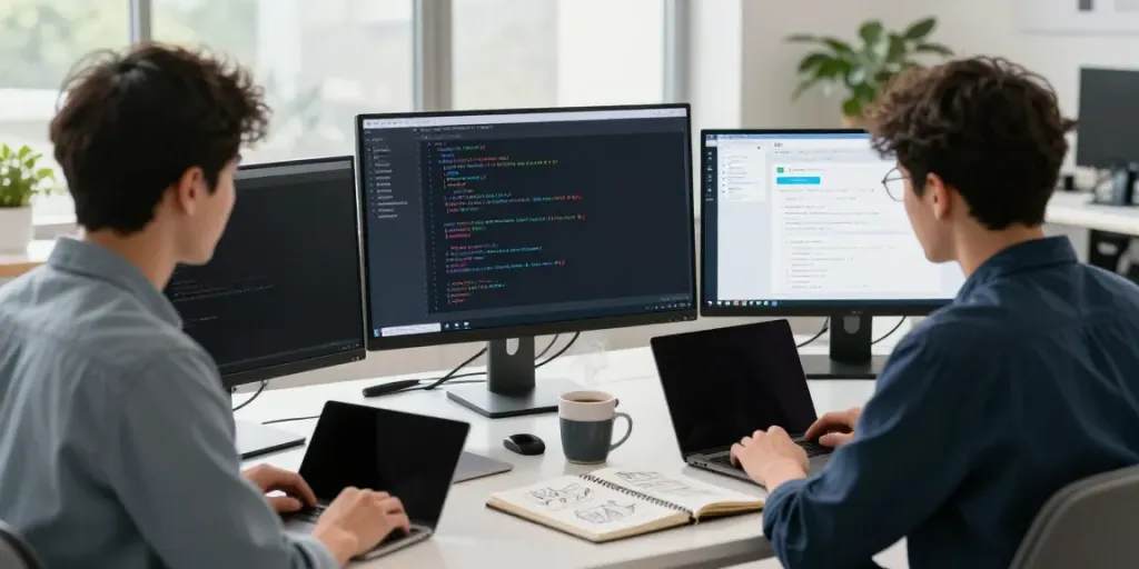 Developer coding Android apps at a modern workspace, representing h5.2113.net's free software offerings.