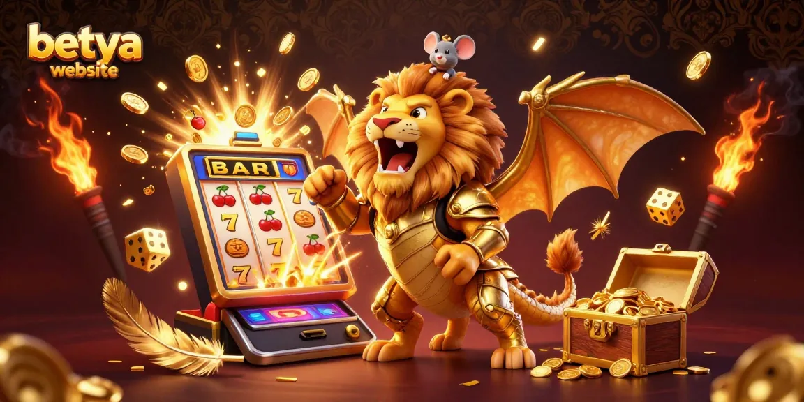 Excite at the Betya website with a vibrant jackpot scene featuring a roaring chimera creature and dynamic casino elements.