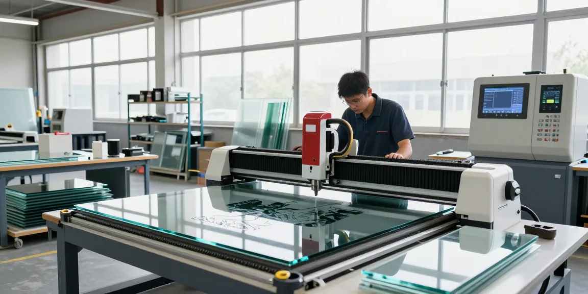 CNC glass cutting machine in operation, showcasing precision cutting at a modern glass processing workshop