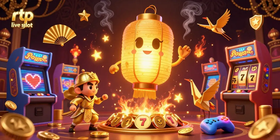 Engage with rtp live slot action in a vibrant 3D casino scene featuring golden lanterns and slot symbols.