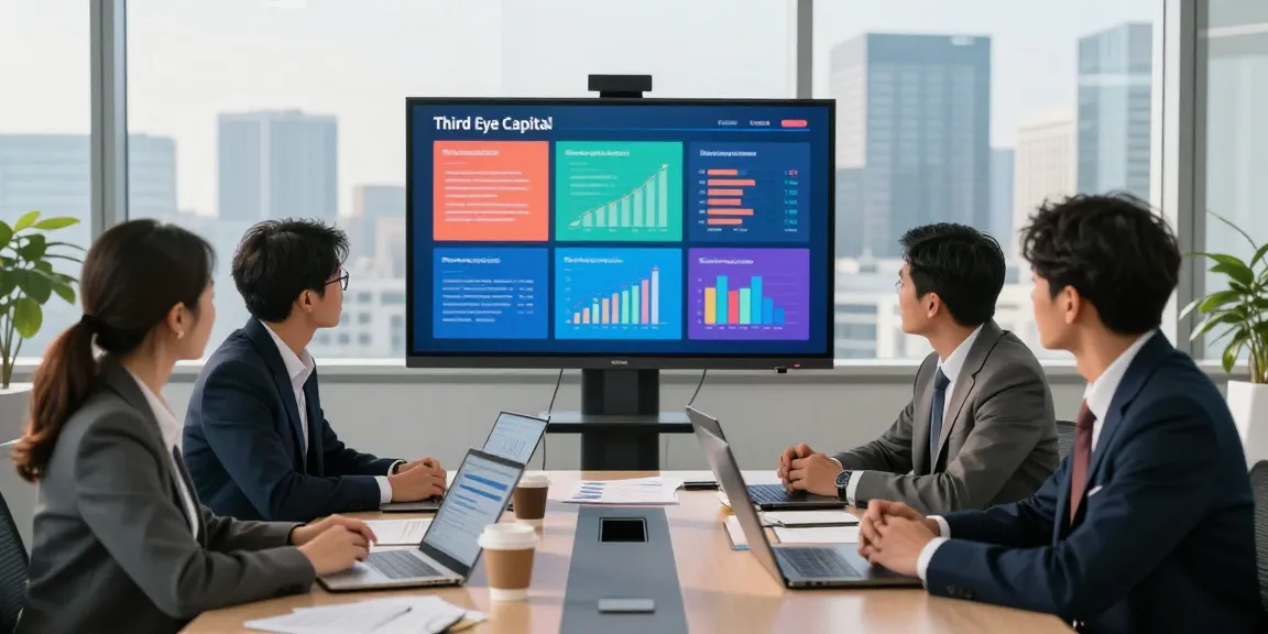 Team strategically discussing investment opportunities with Third Eye Capital in a modern office setting.