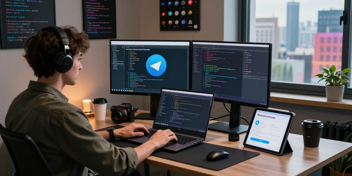Engaged developer coding on Telegram interface in a modern workspace, showcasing 纸飞机中文版 features and tech environment.