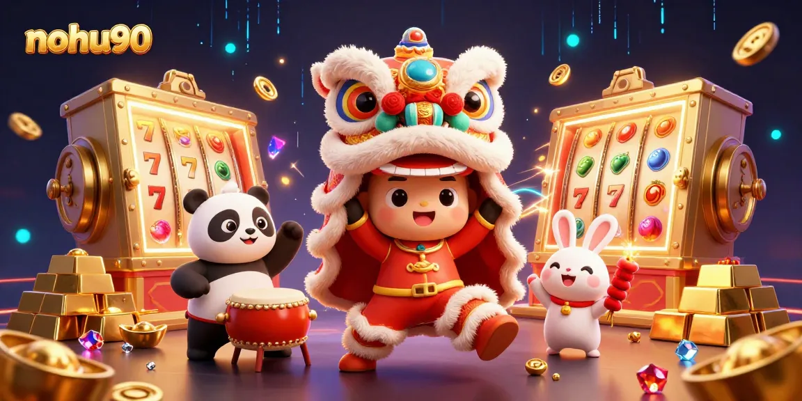 Nohu90 captures excitement with a lion dance, gold treasures, and dynamic slot reels in this vibrant 3D casino scene.