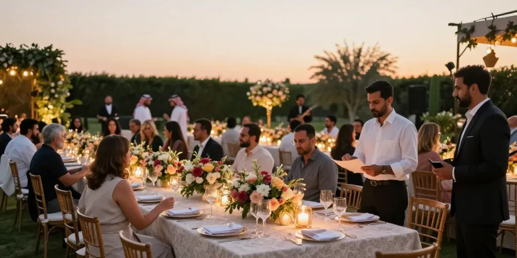 Event rentals transforming a luxurious outdoor wedding reception with elegant decorations and vibrant atmosphere