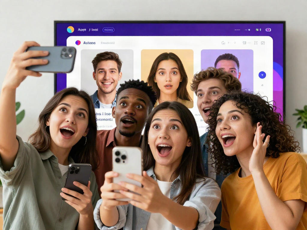 Group of people exploring how old do I look using interactive tech, analyzing selfies for fun age estimation.