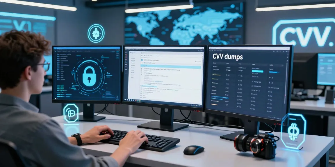 Engaging CVV fullz shopping experience in a digital marketplace with high-tech elements.