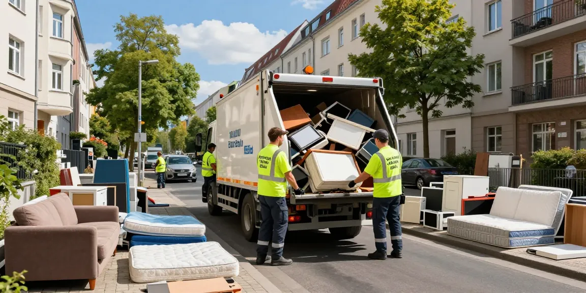 Sperrmüllabholung 80 Euro Berlin service in action as waste collection team swiftly removes bulky waste from residential area, ensuring quick cleanup.