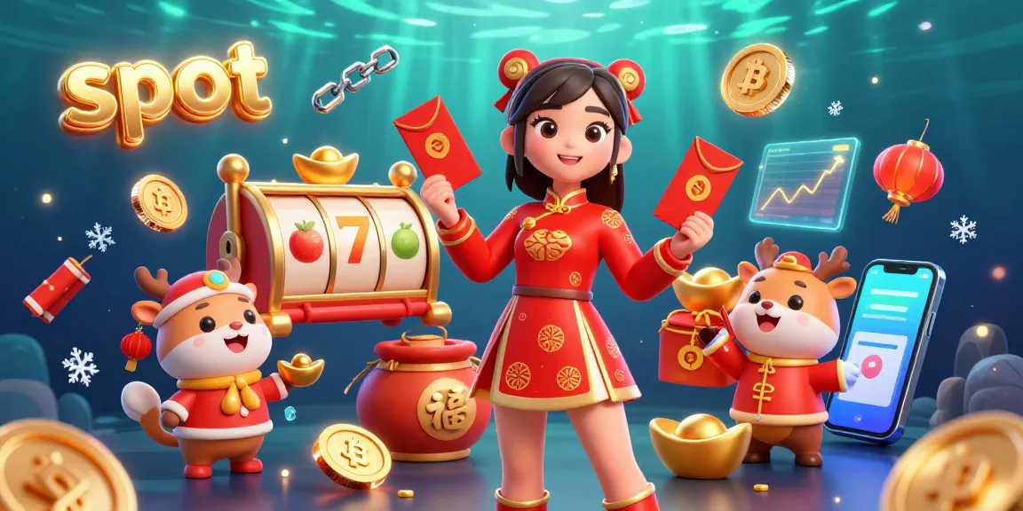 Spin the slot machine with vibrant 3D elements featuring lucky symbols and cryptocurrencies.