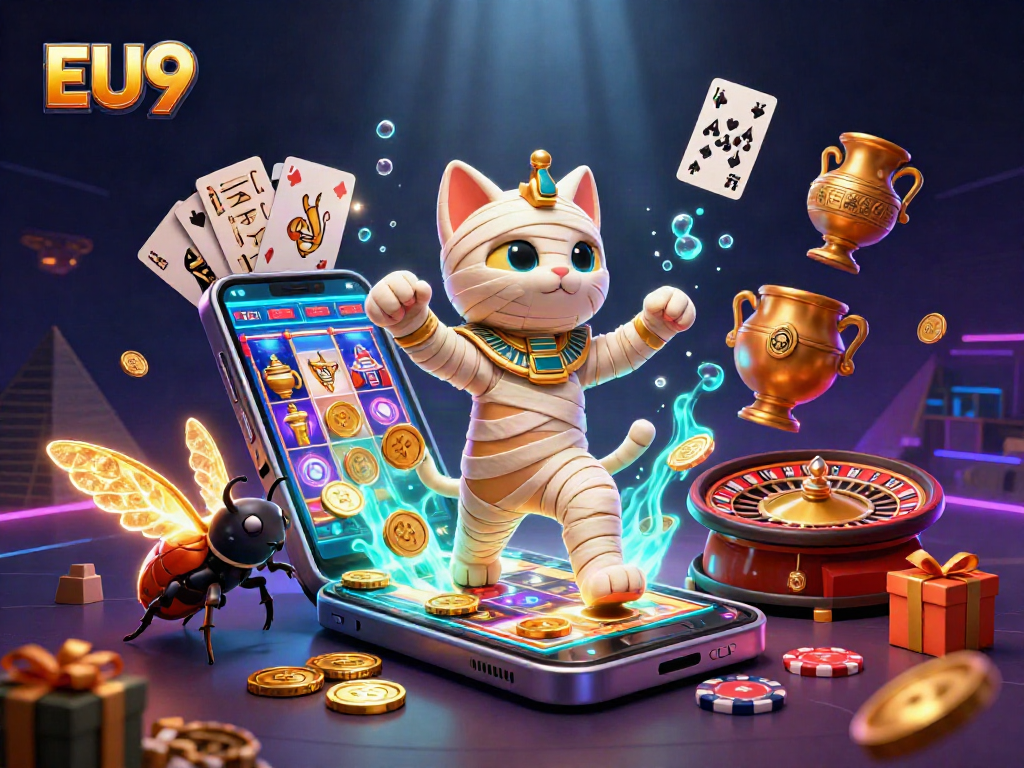 Engage in thrilling gameplay at EU9 with a vibrant 3D scene featuring a mummy cat and glowing scarab in action!