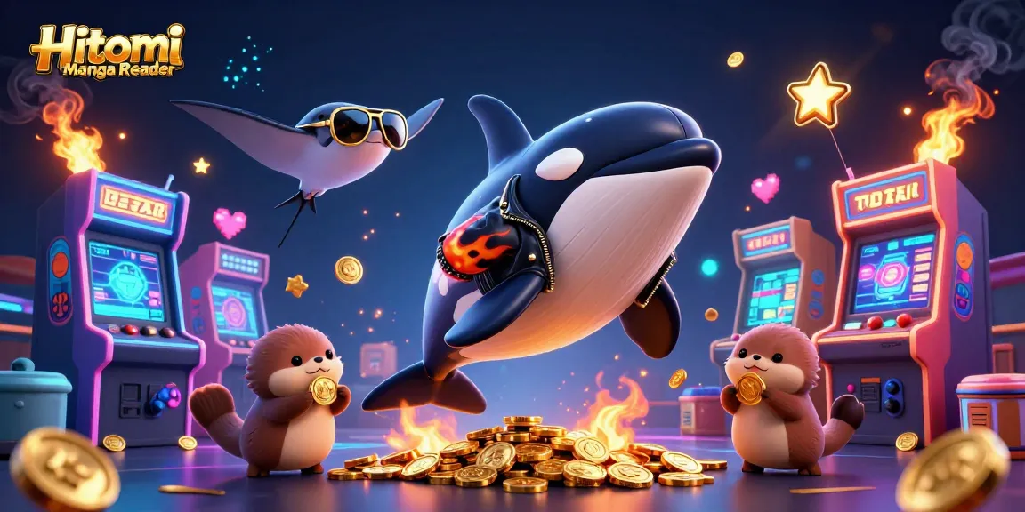 Experience exciting gameplay with Hitomi Manga Reader, showcasing dynamic orca and otters amidst casino gold elements.