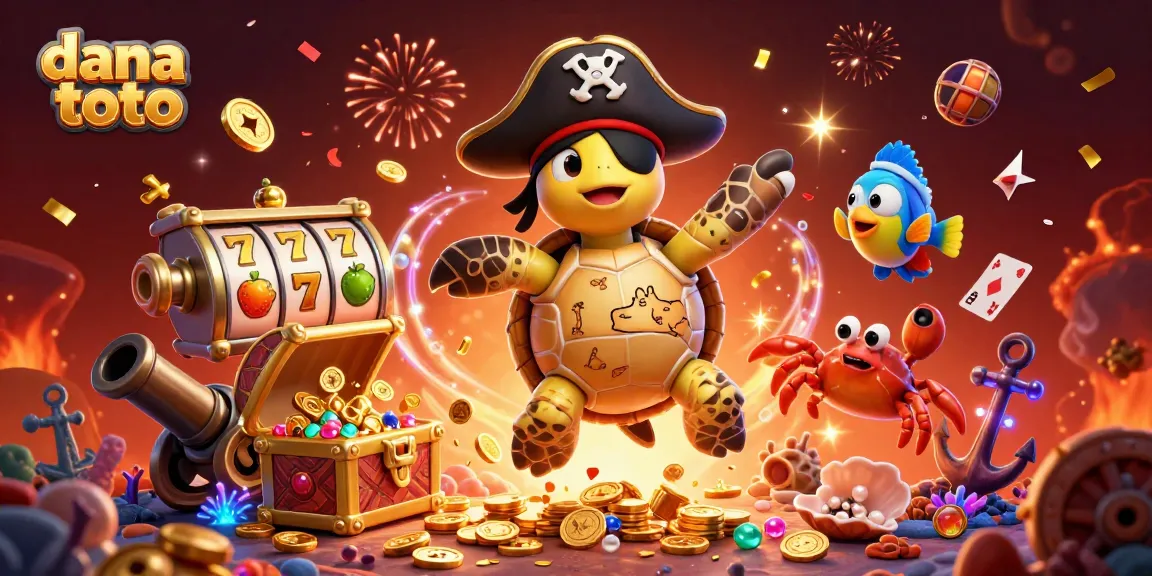 Play vibrant slots and win with dana toto, featuring a pirate turtle and treasure-filled underwater scene.