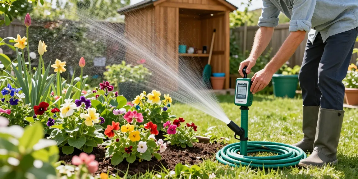 Gardener using a rainpoint water timer for efficient watering in a blooming garden.