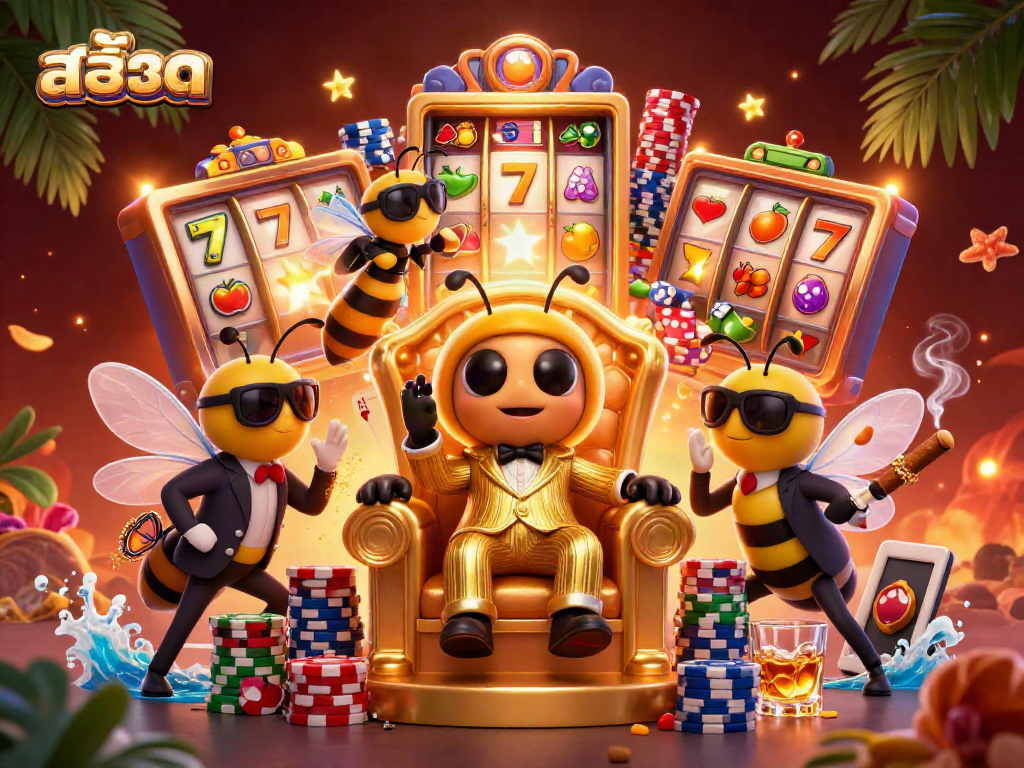 Experience exciting สล็อต gameplay with a 3D mob boss and slot reels in a vibrant casino setting.