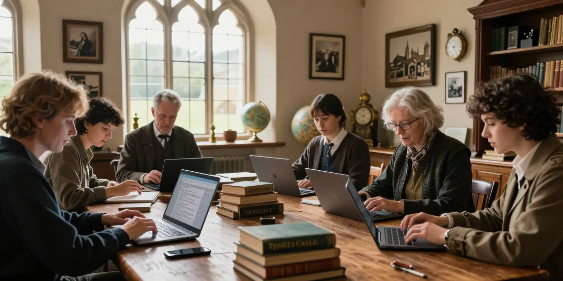 Readers exploring Tynte's Castle content about heritage and culture in a cozy study